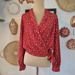 Lush Red Silky Polka Dot Wrap Blouse Valentine's Date Night Romantic